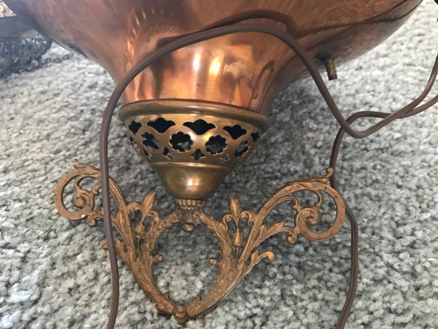 Antique Brass Parlor Hanging Lamp With Crystals Missing Glass Shade Patented 1892 - Has Been Electrified - As Found [Photo 4]