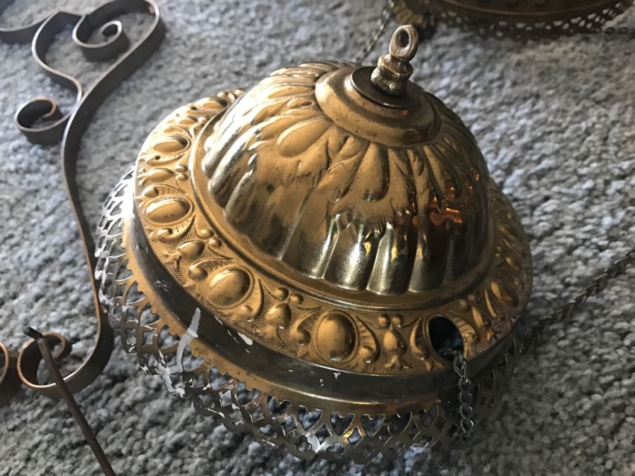 Antique Brass Parlor Hanging Lamp With Crystals Missing Glass Shade Patented 1892 - Has Been Electrified - As Found [Photo 5]