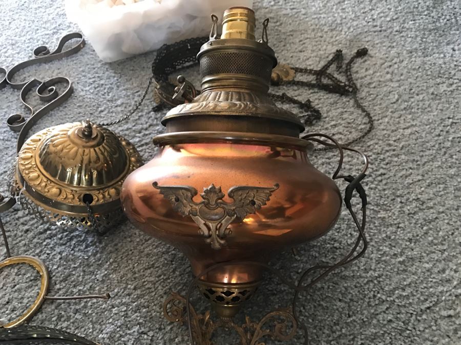 Antique Brass Parlor Hanging Lamp With Crystals Missing Glass Shade Patented 1892 - Has Been Electrified - As Found