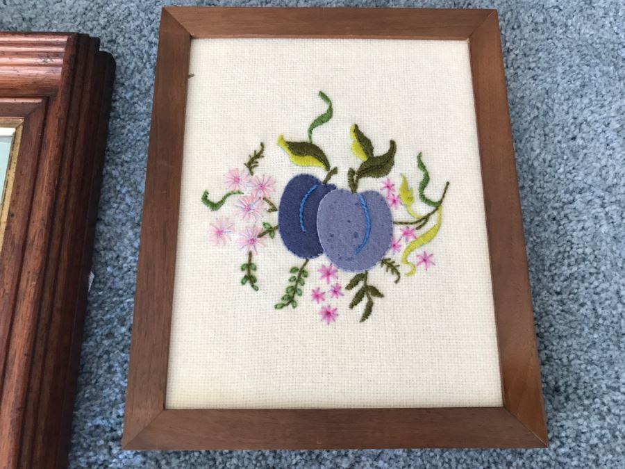 Pair Of Teak Framed Needlepoint Artwork And Nice Frame With Still Life Print [Photo 5]
