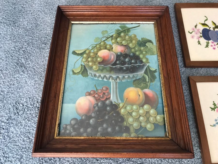 Pair Of Teak Framed Needlepoint Artwork And Nice Frame With Still Life Print [Photo 7]