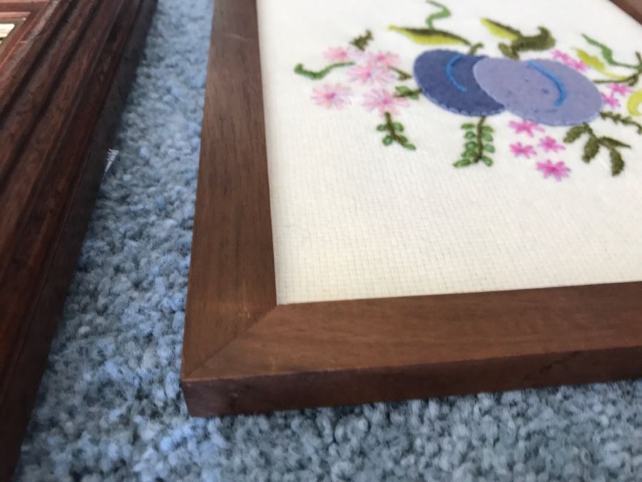 Pair Of Teak Framed Needlepoint Artwork And Nice Frame With Still Life Print [Photo 6]