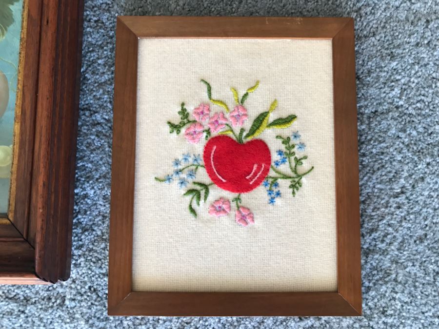 Pair Of Teak Framed Needlepoint Artwork And Nice Frame With Still Life Print [Photo 2]