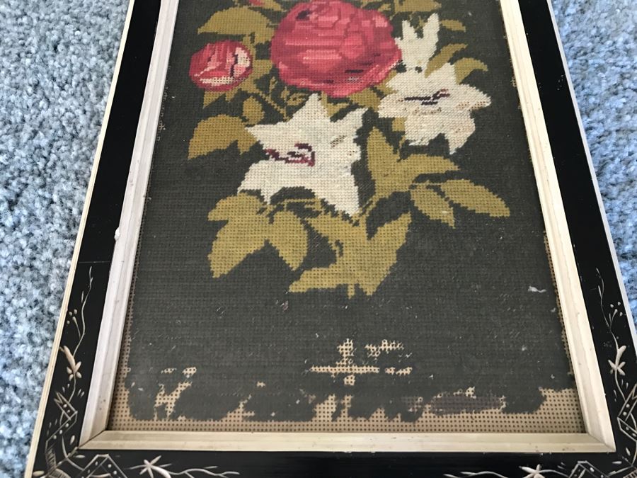 Vintage Floral Needlepoint In Nice Vintage Frame