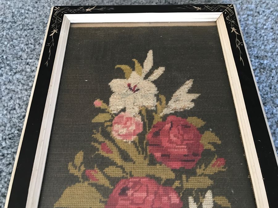 Vintage Floral Needlepoint In Nice Vintage Frame [Photo 6]