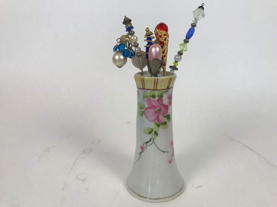 Hand Painted Japan Pin Holder With Victorian Style Hat Pins