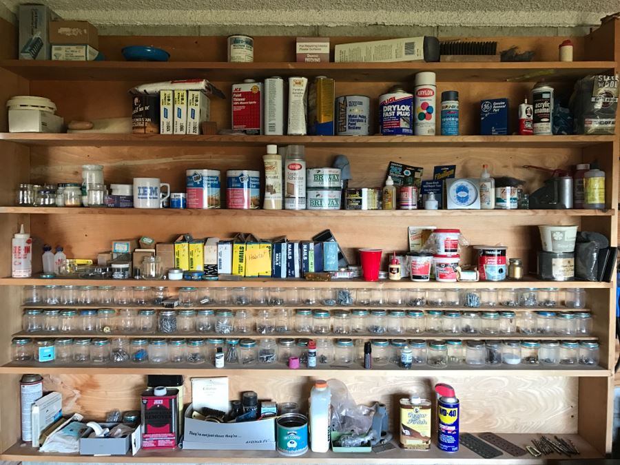 Workshop Lot With Jars Of Hardware, Nails And Various Supplies