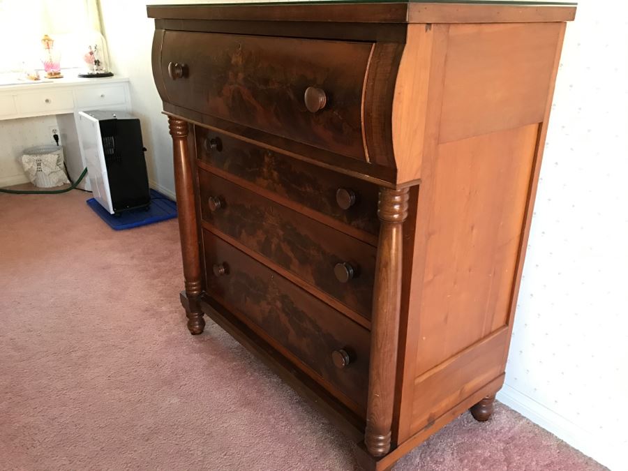 Stunning Antique Wooden Chest Of Drawers Dresser With Bowfront Top Drawer Framed By Round Side Supports [Photo 2]
