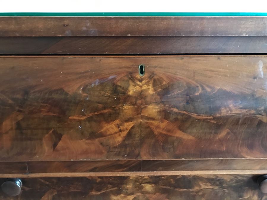 Stunning Antique Wooden Chest Of Drawers Dresser With Bowfront Top Drawer Framed By Round Side Supports [Photo 6]