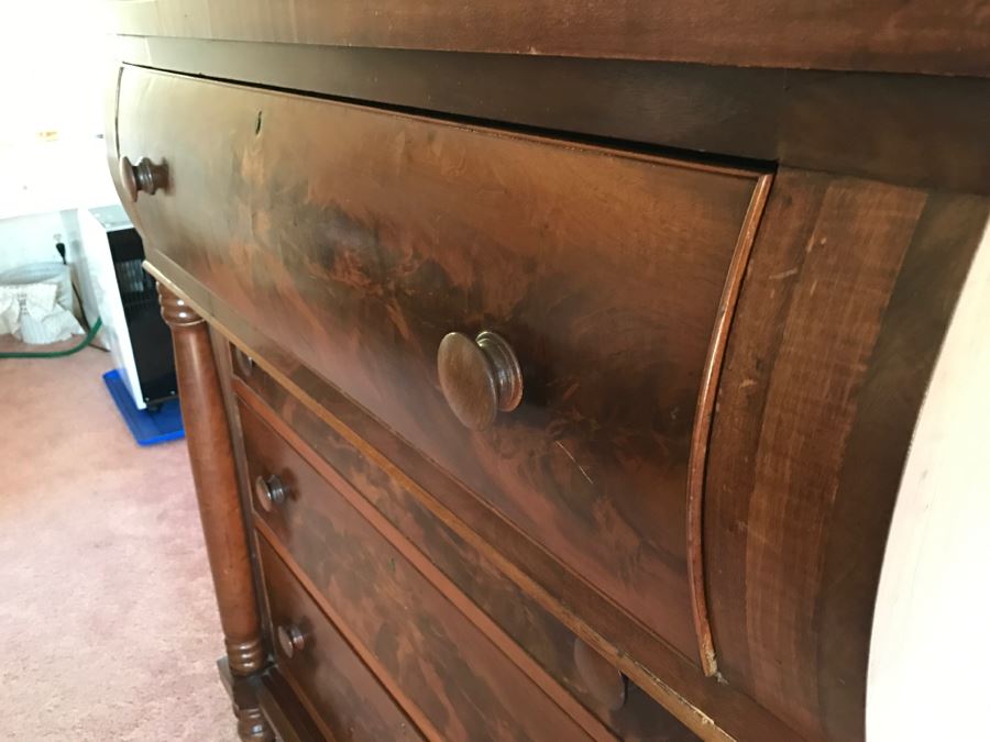 Stunning Antique Wooden Chest Of Drawers Dresser With Bowfront Top Drawer Framed By Round Side Supports [Photo 14]