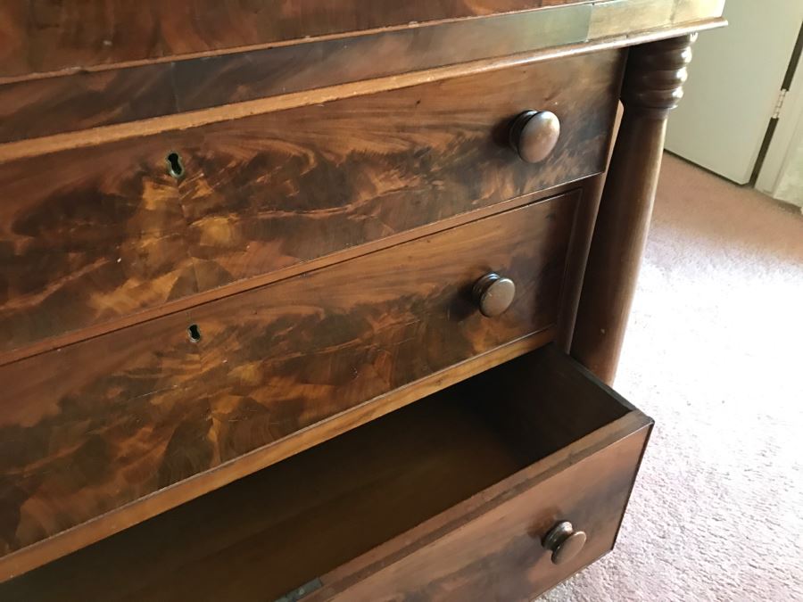 Stunning Antique Wooden Chest Of Drawers Dresser With Bowfront Top Drawer Framed By Round Side Supports [Photo 22]