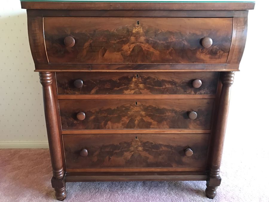 Stunning Antique Wooden Chest Of Drawers Dresser With Bowfront Top Drawer Framed By Round Side Supports [Photo 1]
