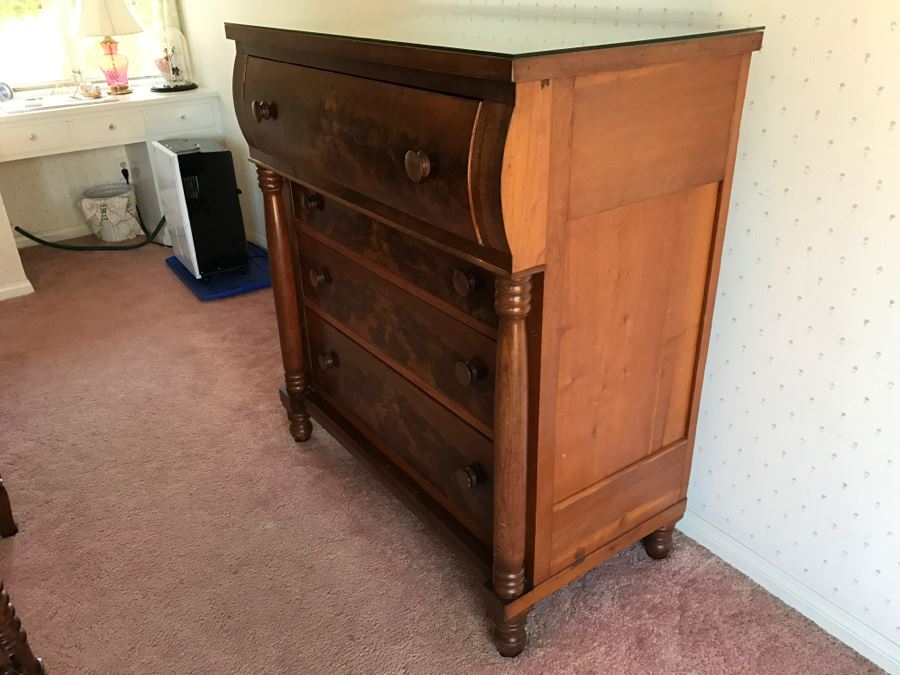 Stunning Antique Wooden Chest Of Drawers Dresser With Bowfront Top Drawer Framed By Round Side Supports [Photo 13]