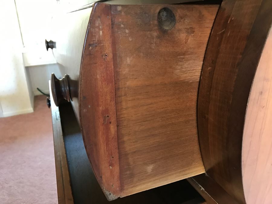 Stunning Antique Wooden Chest Of Drawers Dresser With Bowfront Top Drawer Framed By Round Side Supports [Photo 19]