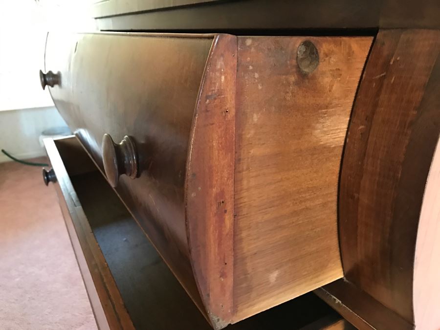 Stunning Antique Wooden Chest Of Drawers Dresser With Bowfront Top Drawer Framed By Round Side Supports [Photo 18]