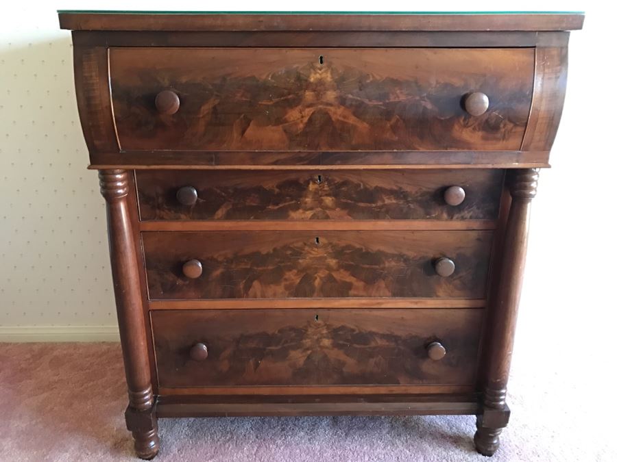 Stunning Antique Wooden Chest Of Drawers Dresser With Bowfront Top Drawer Framed By Round Side Supports [Photo 4]