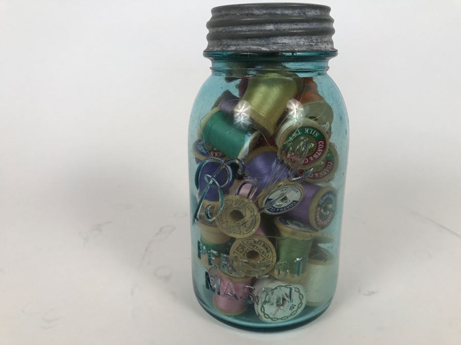 Vintage Ball Mason Jar Filled With Vintage Thread Silk Thread [Photo 1]