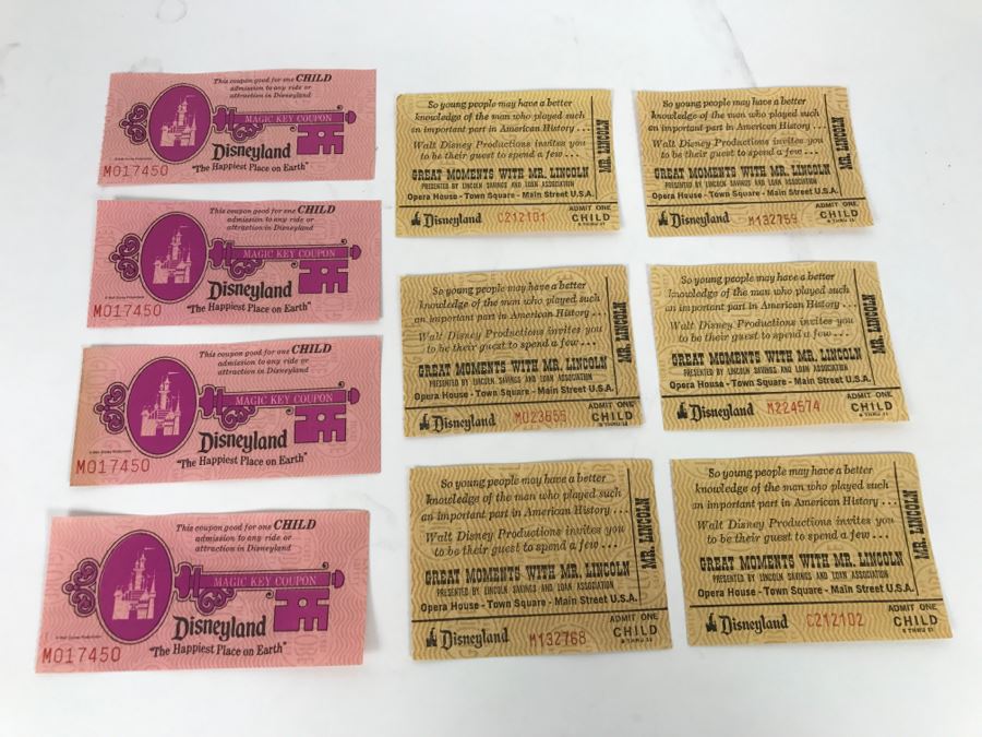 Lot Of Various Unused Vintage Disneyland Tickets Including Great Moments With Mr. Lincoln