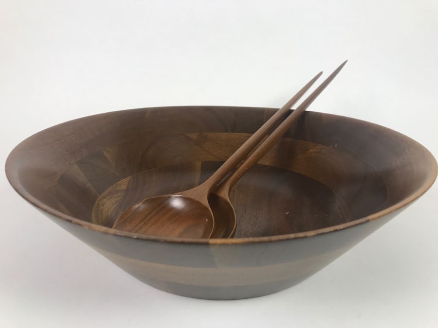 Vintage Woodcroftery Wooden Walnut Salad Bowl With Pair Of Mid-Century Modern Wooden Spoons