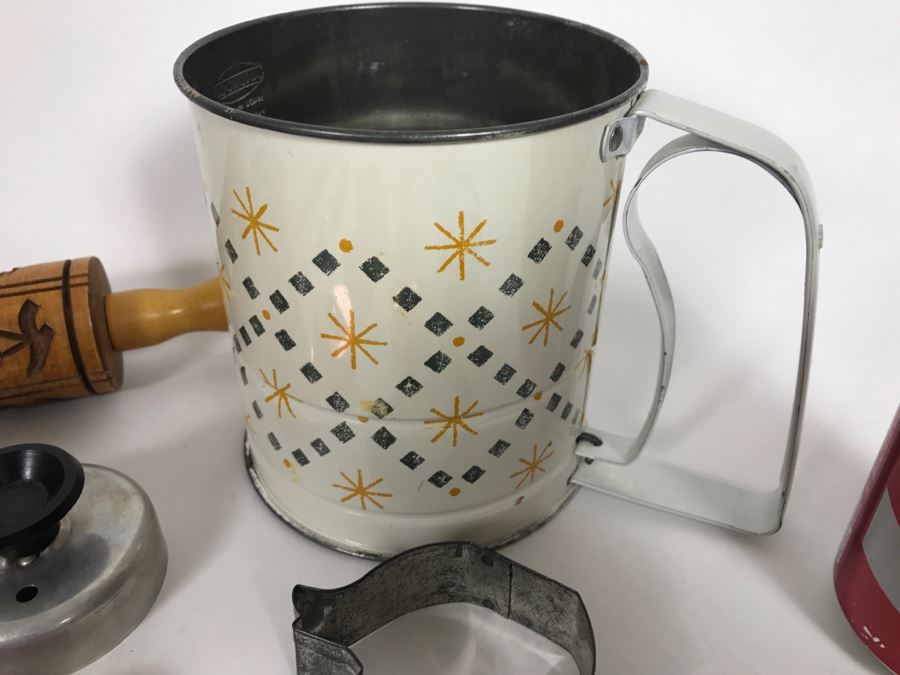 Vintage Kitchen Lot With Cookie Cutters, Wooden Rolling Pin, Flour Sifter And Small Rever Ware Cup [Photo 4]