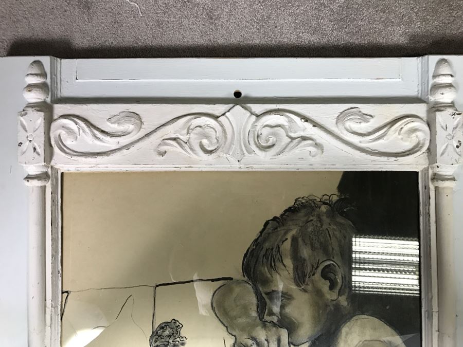 Original 1963 Charcoal Drawing In Stunning Shabby Chic White Custom Architectural Wooden Frame Great For Beveled Glass Mirror 34' X 50' [Photo 6]