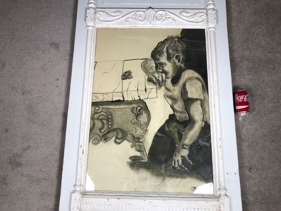 Original 1963 Charcoal Drawing In Stunning Shabby Chic White Custom Architectural Wooden Frame Great For Beveled Glass Mirror 34' X 50' [Photo 3]