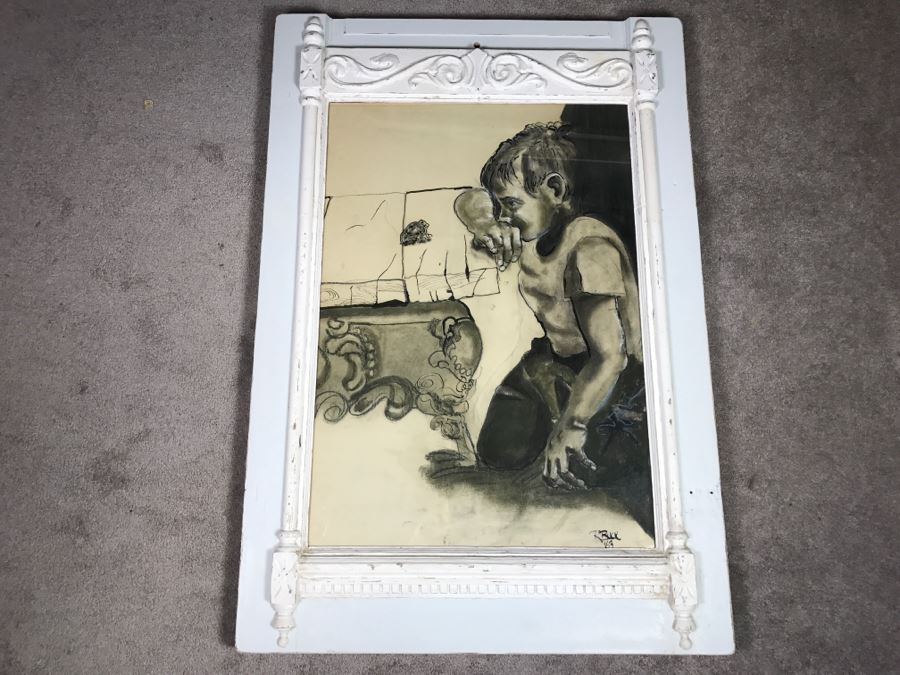 Original 1963 Charcoal Drawing In Stunning Shabby Chic White Custom Architectural Wooden Frame Great For Beveled Glass Mirror 34' X 50' [Photo 2]