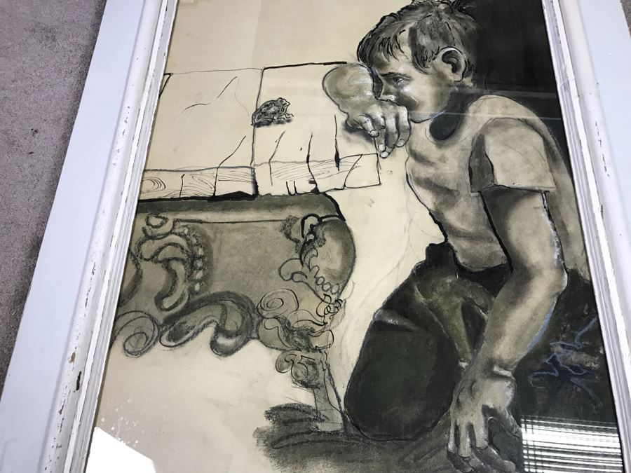 Original 1963 Charcoal Drawing In Stunning Shabby Chic White Custom Architectural Wooden Frame Great For Beveled Glass Mirror 34' X 50' [Photo 14]