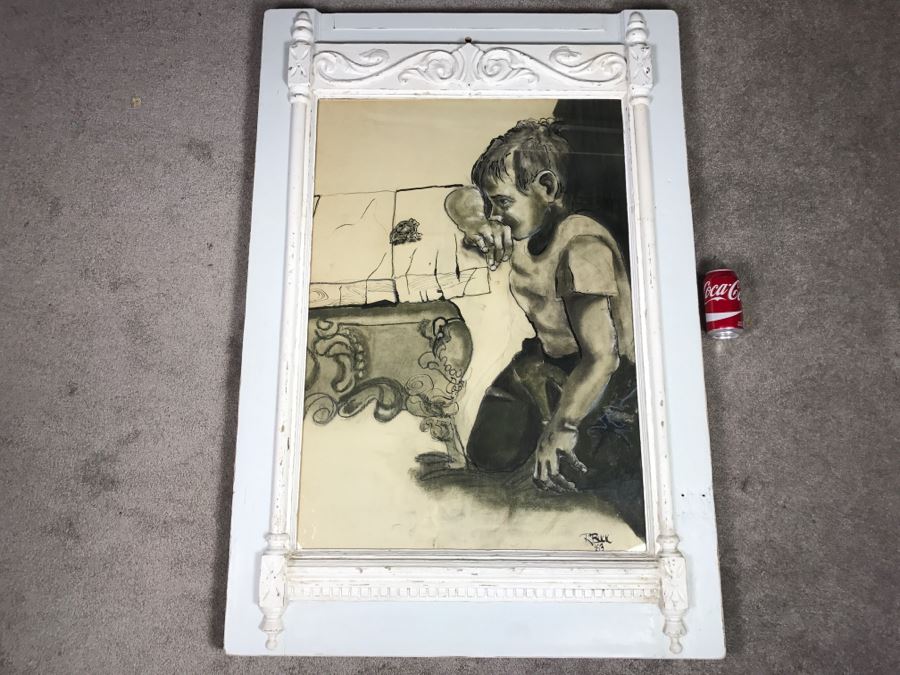 Original 1963 Charcoal Drawing In Stunning Shabby Chic White Custom Architectural Wooden Frame Great For Beveled Glass Mirror 34' X 50' [Photo 1]