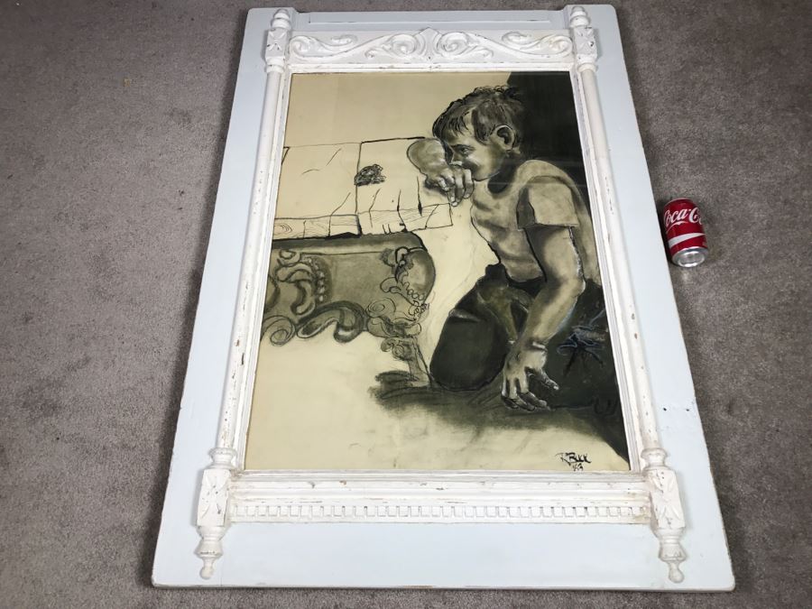 Original 1963 Charcoal Drawing In Stunning Shabby Chic White Custom Architectural Wooden Frame Great For Beveled Glass Mirror 34' X 50' [Photo 4]