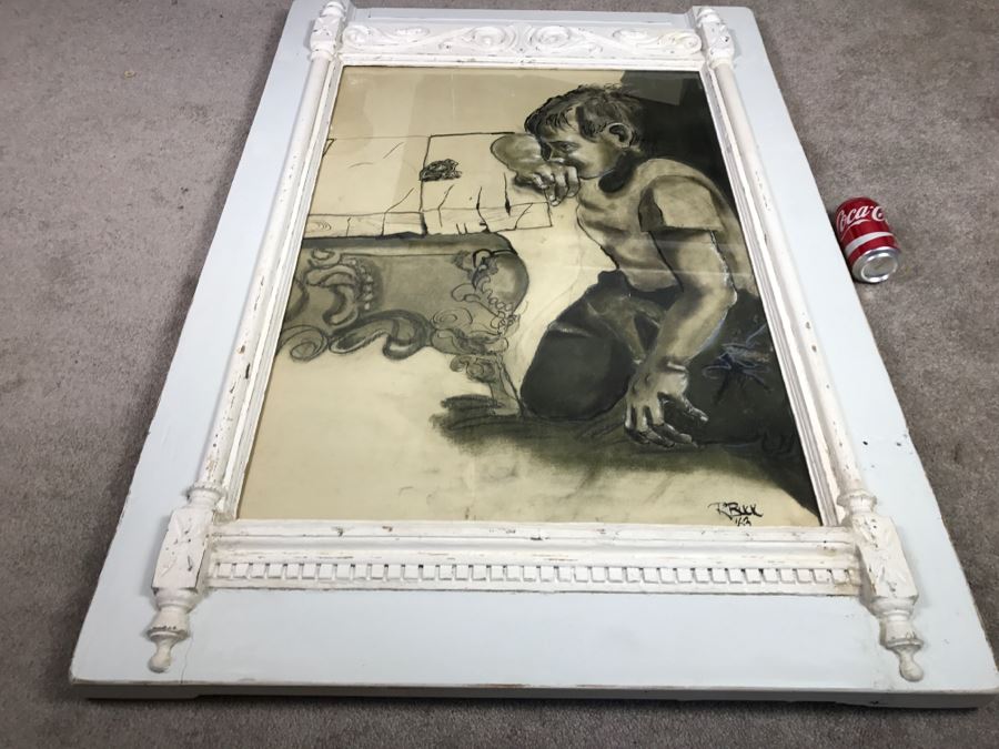 Original 1963 Charcoal Drawing In Stunning Shabby Chic White Custom Architectural Wooden Frame Great For Beveled Glass Mirror 34' X 50' [Photo 17]