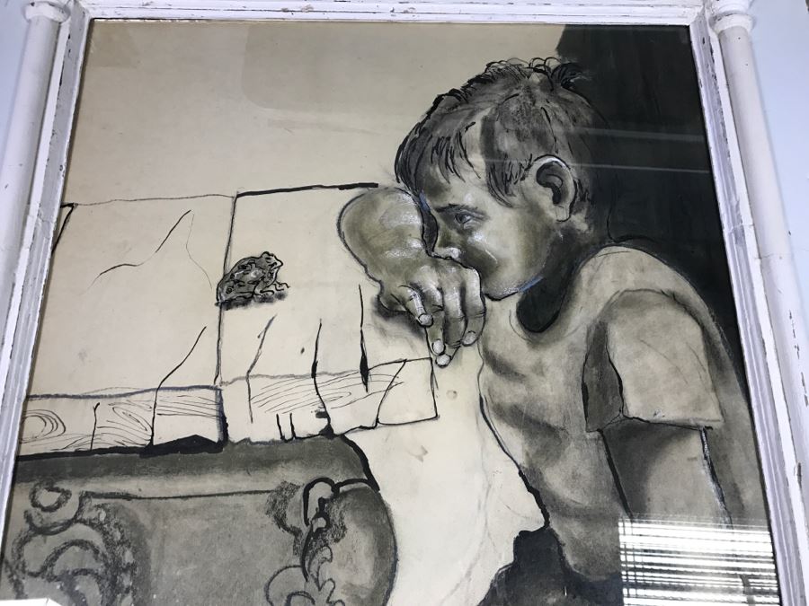 Original 1963 Charcoal Drawing In Stunning Shabby Chic White Custom Architectural Wooden Frame Great For Beveled Glass Mirror 34' X 50' [Photo 13]