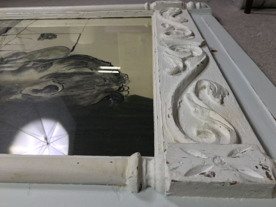 Original 1963 Charcoal Drawing In Stunning Shabby Chic White Custom Architectural Wooden Frame Great For Beveled Glass Mirror 34' X 50' [Photo 12]