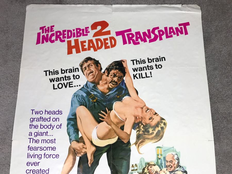 Vintage 1971 Litho Movie Poster 'The Incredible 2 Headed Transplant' - Some Edge Tears 71 Of 116 [Photo 2]
