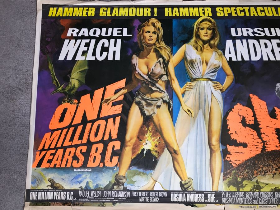 Vintage Litho Movie Poster Raquel Welch 'One Million Years B.C.' And Ursula Andress 'She' - Some Edge Tears [Photo 3]