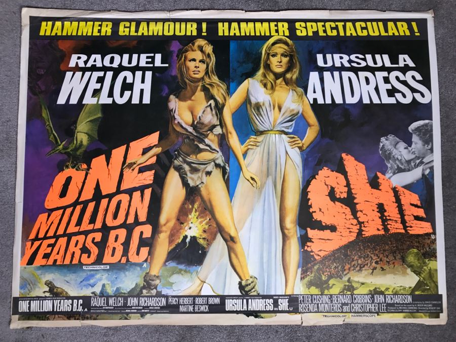 Vintage Litho Movie Poster Raquel Welch 'One Million Years B.C.' And Ursula Andress 'She' - Some Edge Tears [Photo 2]
