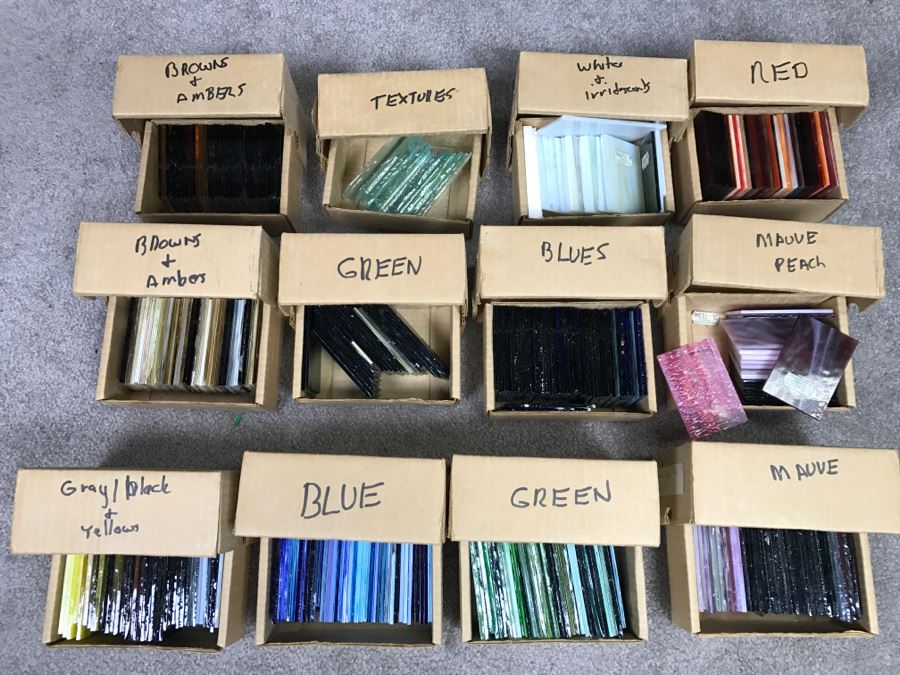 (12) Boxes Of Various Colored Stained Glass Pieces With Carrying Case [Photo 1]