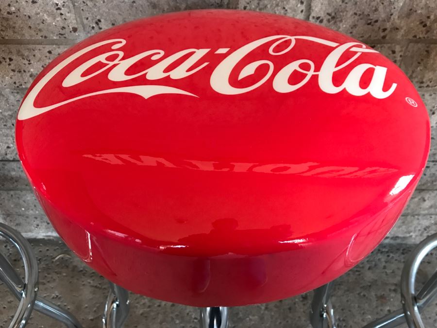 Set Of 4 Official Coca-Cola Red Chrome Bar Stools 15'W x 29.5'H [Photo 6]