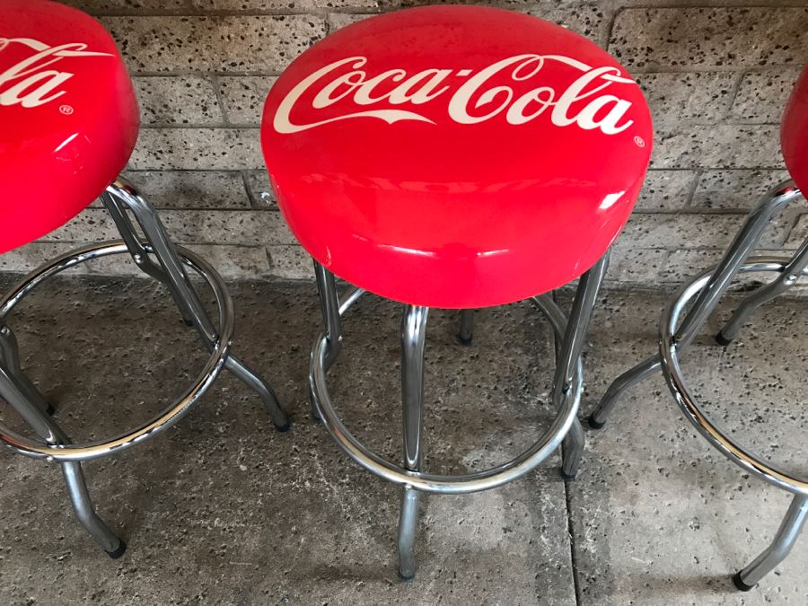 Set Of 4 Official Coca-Cola Red Chrome Bar Stools 15'W x 29.5'H [Photo 4]