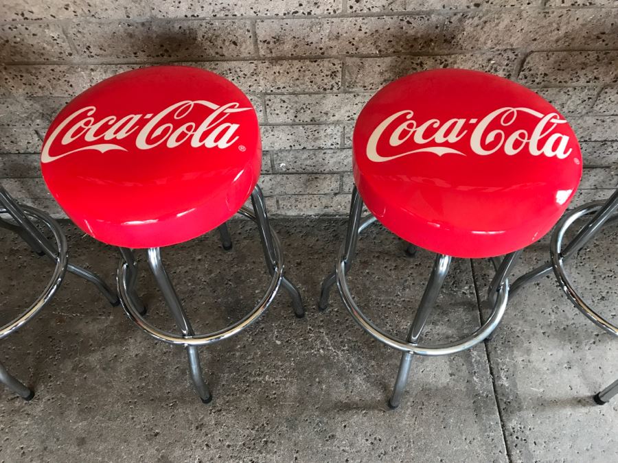 Set Of 4 Official Coca-Cola Red Chrome Bar Stools 15'W x 29.5'H [Photo 3]