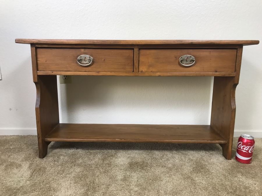 Early American Primitive Antique Pine Bench Table With Lower Shelf And 2 Drawers 39.5'W X 10.5'D X 21.5'H [Photo 2]