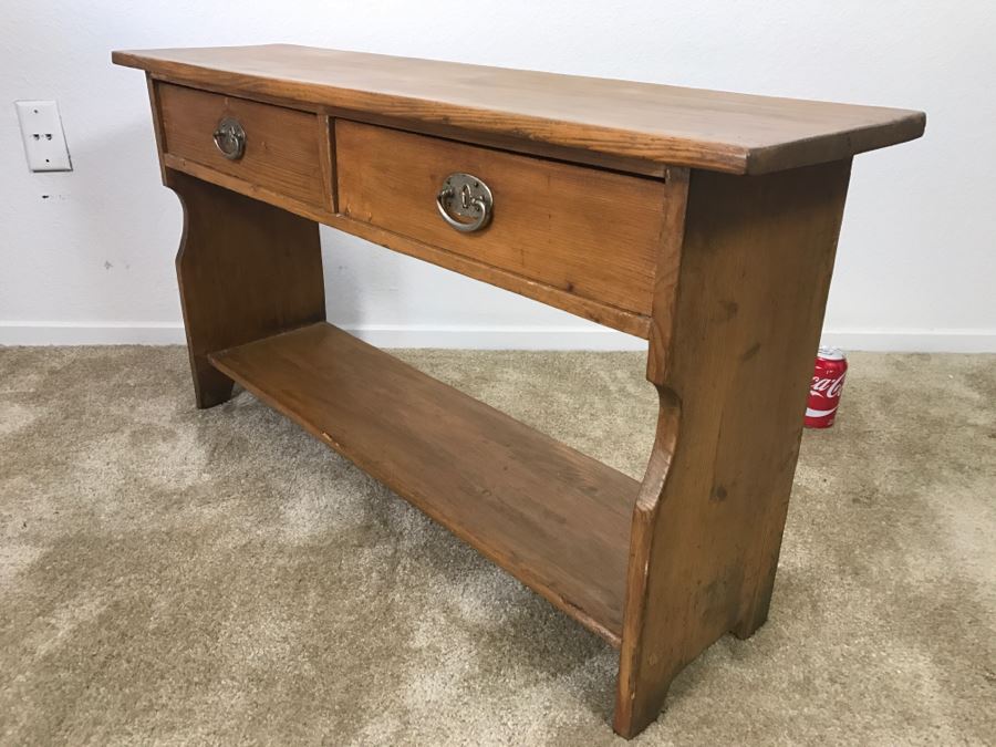 Early American Primitive Antique Pine Bench Table With Lower Shelf And 2 Drawers 39.5'W X 10.5'D X 21.5'H [Photo 1]