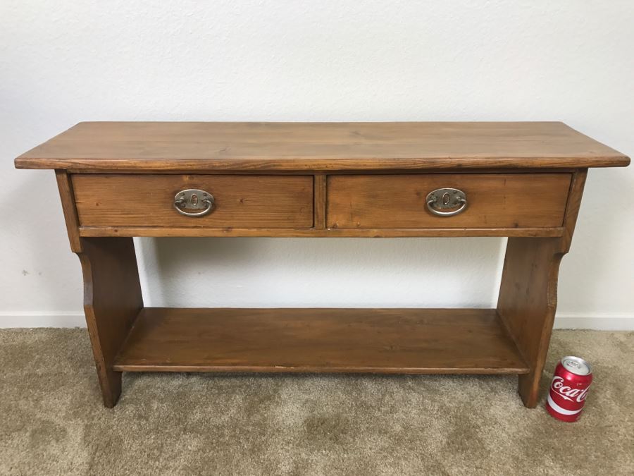 Early American Primitive Antique Pine Bench Table With Lower Shelf And 2 Drawers 39.5'W X 10.5'D X 21.5'H [Photo 3]