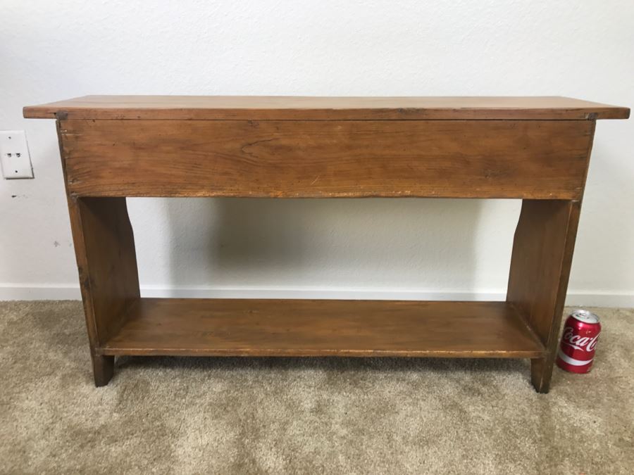 Early American Primitive Antique Pine Bench Table With Lower Shelf And 2 Drawers 39.5'W X 10.5'D X 21.5'H [Photo 11]