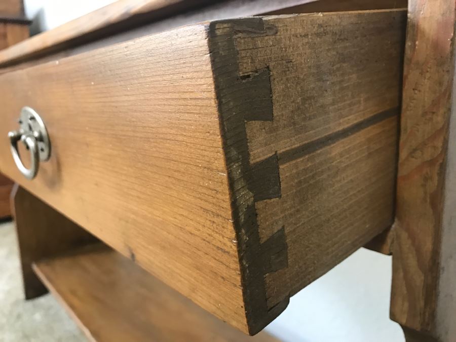 Early American Primitive Antique Pine Bench Table With Lower Shelf And 2 Drawers 39.5'W X 10.5'D X 21.5'H [Photo 5]