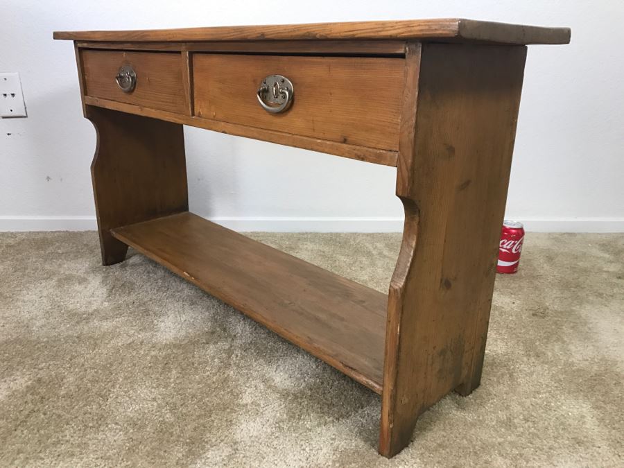 Early American Primitive Antique Pine Bench Table With Lower Shelf And 2 Drawers 39.5'W X 10.5'D X 21.5'H [Photo 6]