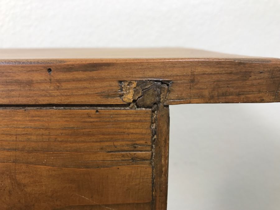 Early American Primitive Antique Pine Bench Table With Lower Shelf And 2 Drawers 39.5'W X 10.5'D X 21.5'H [Photo 13]