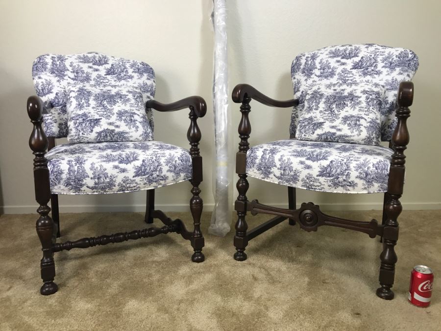 Vintage His And Her Newly Upholstered Chairs With Extra Bolt Of Fabric 24'W X 27'D X 34'H
