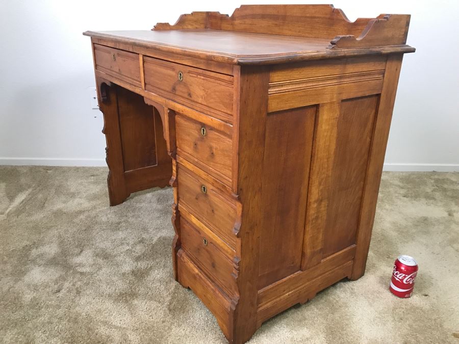 Small Antique Wooden Desk In Excellent Condition With Lockable Drawers Missing Drawer Pulls 40'W X 23'D X 34'H [Photo 11]