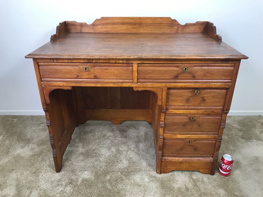 Small Antique Wooden Desk In Excellent Condition With Lockable Drawers Missing Drawer Pulls 40'W X 23'D X 34'H [Photo 3]